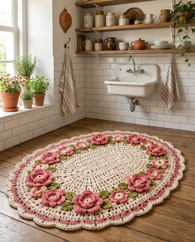 Tapete oval com rosas de crochê na frente da pia da cozinha