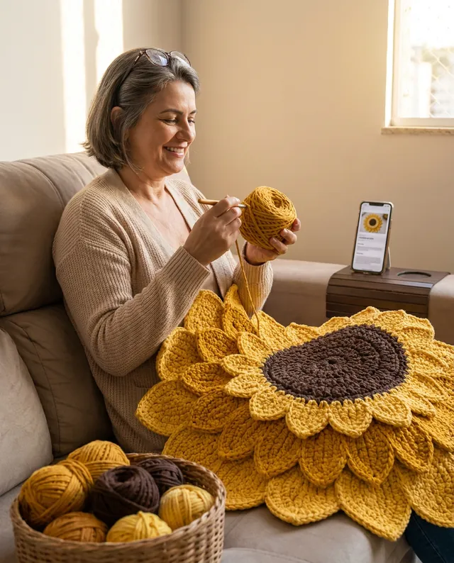 Mulher sorrindo no sofá crochetando o tapete Girassol com a receita aberta no celular