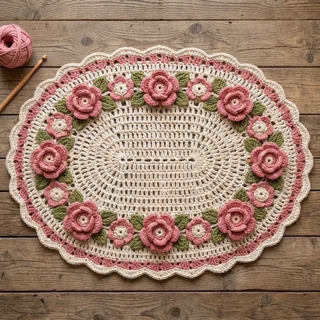 Tapete oval com rosas em relevo