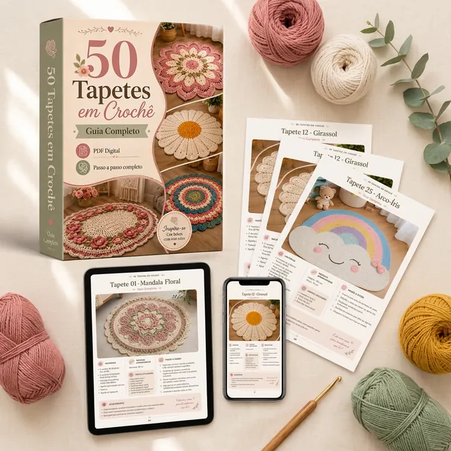 Kit do guia 50 Tapetes em Crochê: caixa, tablet, celular e páginas impressas com novelos e agulha