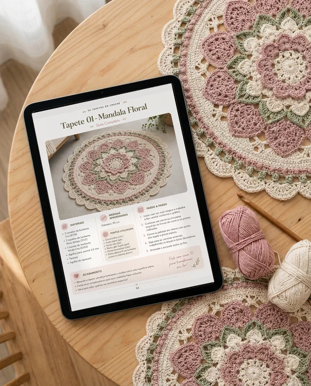 Página do PDF: Projeto 01 - Tapete Mandala Floral com materiais, cores e passo a passo