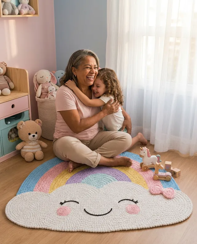 Avó e neta abraçadas sobre o tapete Nuvem Arco-Íris no quarto infantil