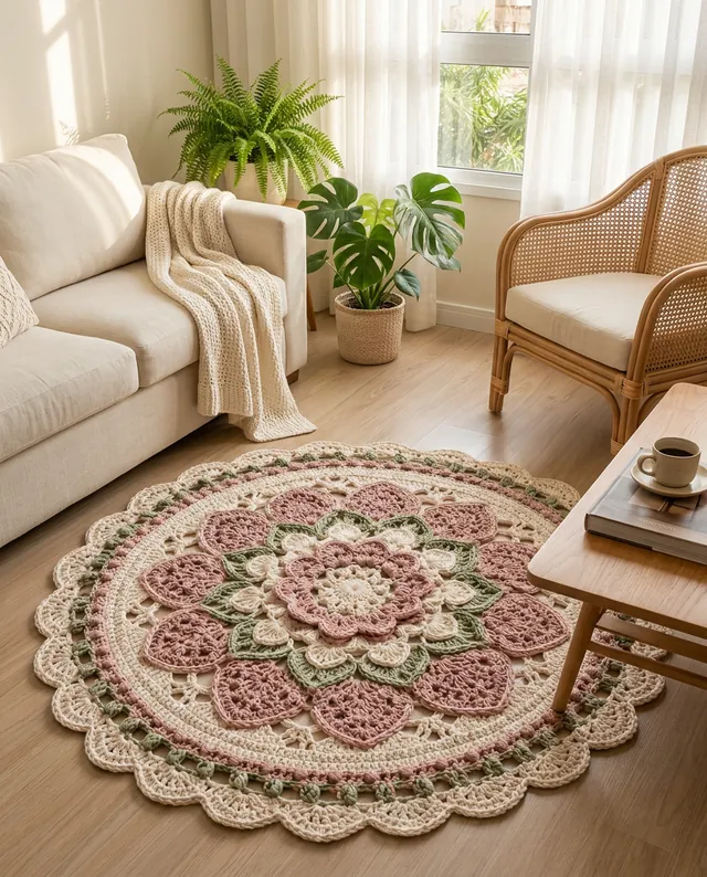 Tapete Mandala Floral de crochê numa sala clara com sofá e plantas