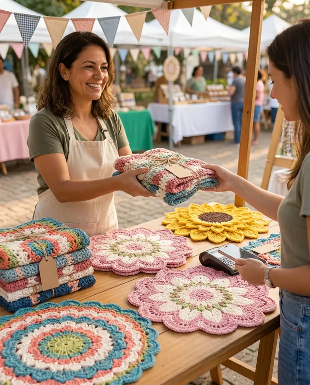 Artesã vendendo tapetes de crochê numa feirinha de artesanato